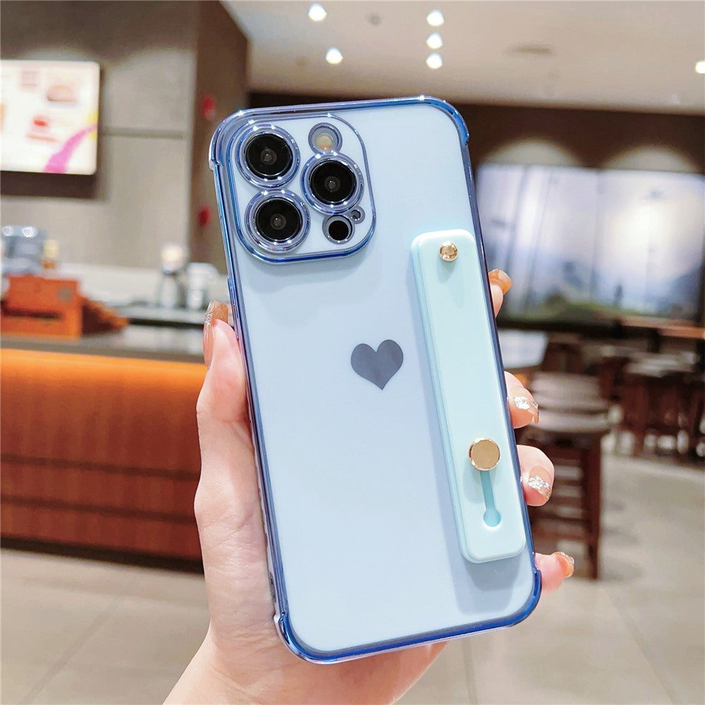For iPhone 15 Pro Max Case with Strip Kickstand Electroplating Edge Love Heart Soft TPU Phone Cover