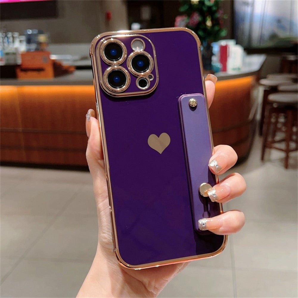 For iPhone 15 Pro Max Case with Strip Kickstand Electroplating Edge Love Heart Soft TPU Phone Cover