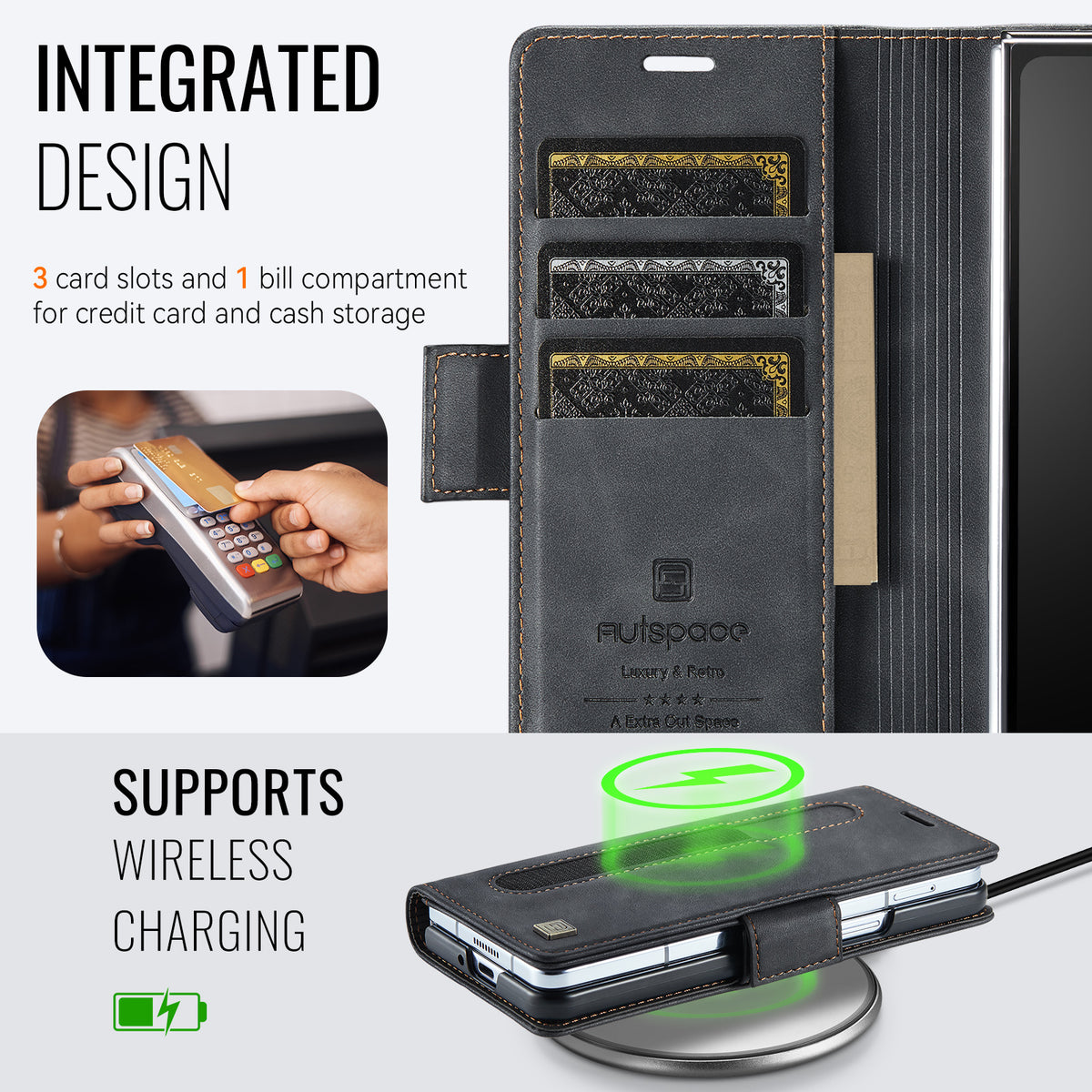 AUTSPACE til Samsung Galaxy Z Fold7 5G A11 Cover RFID-blokerende retro læder mobiltelefon pung cover
