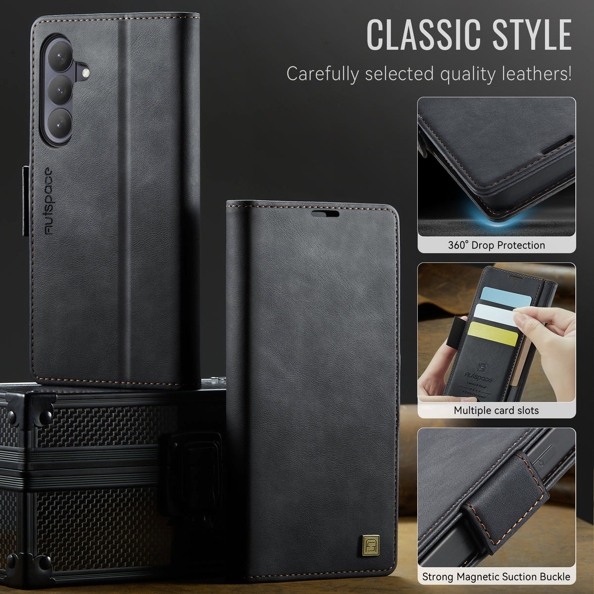 AUTSPACE for Samsung Galaxy S26+ A11 Case RFID Blocking Retro Leather Cell Phone Wallet Cover