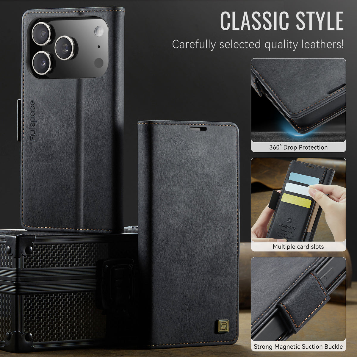 AUTSPACE for iPhone 17 Pro A11 Case RFID Blocking Retro Leather Cell Phone Wallet Cover