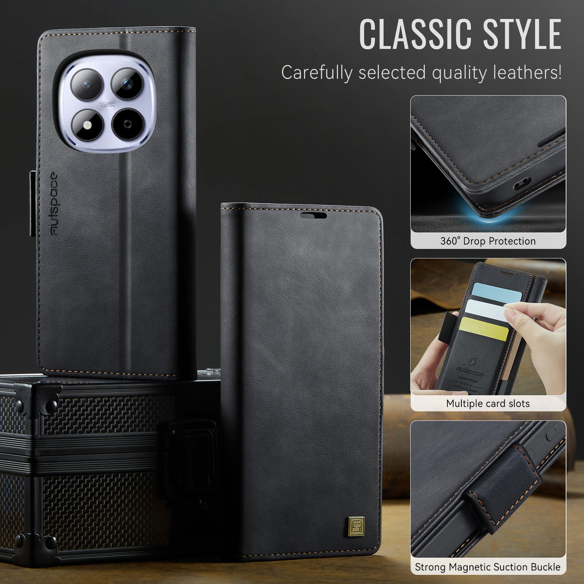 AUTSPACE for Xiaomi Redmi Note 15 Pro 4G (Global) A11 Case RFID Blocking Retro Leather Cell Phone Wallet Cover