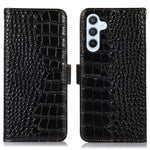 Til Samsung Galaxy A34 5G RFID-blokerende bogomslags-telefonetui med krokodillemønster i ægte okselæder, pung og stativ, ridsefast telefoncover