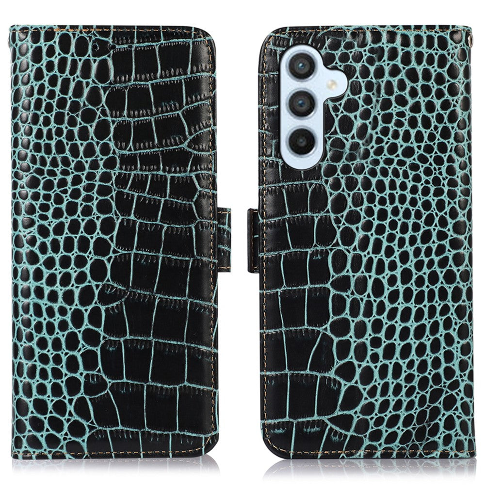 Til Samsung Galaxy A34 5G RFID-blokerende bogomslags-telefonetui med krokodillemønster i ægte okselæder, pung og stativ, ridsefast telefoncover
