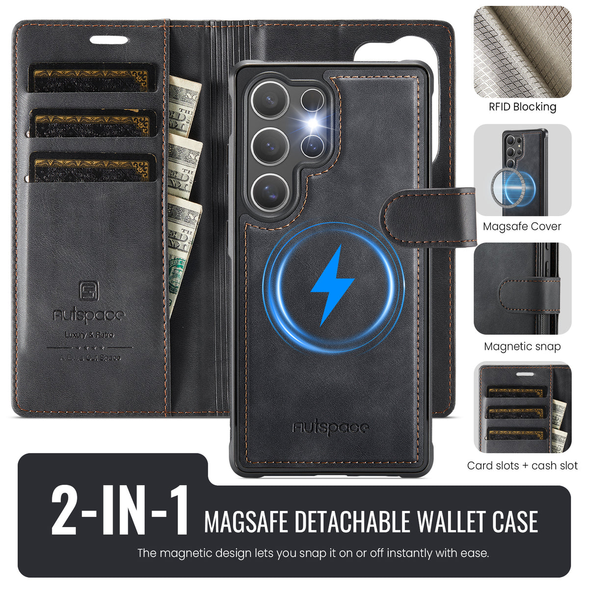 AUTSPACE for Samsung Galaxy S26 Ultra A05 Case Wallet Stand Detachable Leather Magnetic Phone Cover