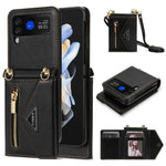 N.BEKUS PU Leather Coated PC Case for Samsung Galaxy Z Flip3 5G, Drop Proof Card Slots Holder Zipper Pocket Protective Back Cover with Shoulder Strap
