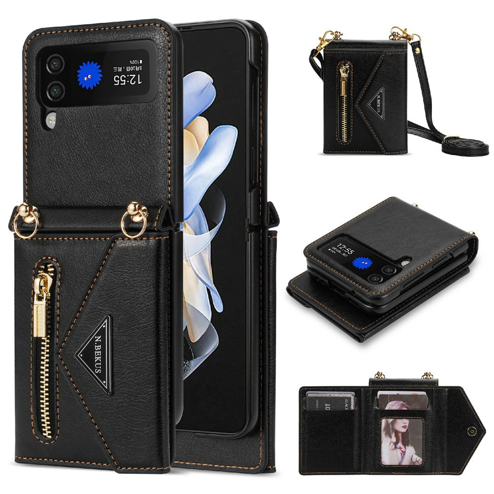 N.BEKUS PU Leather Coated PC Case for Samsung Galaxy Z Flip3 5G, Drop Proof Card Slots Holder Zipper Pocket Protective Back Cover with Shoulder Strap