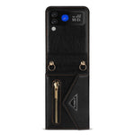 N.BEKUS PU Leather Coated PC Case for Samsung Galaxy Z Flip3 5G, Drop Proof Card Slots Holder Zipper Pocket Protective Back Cover with Shoulder Strap