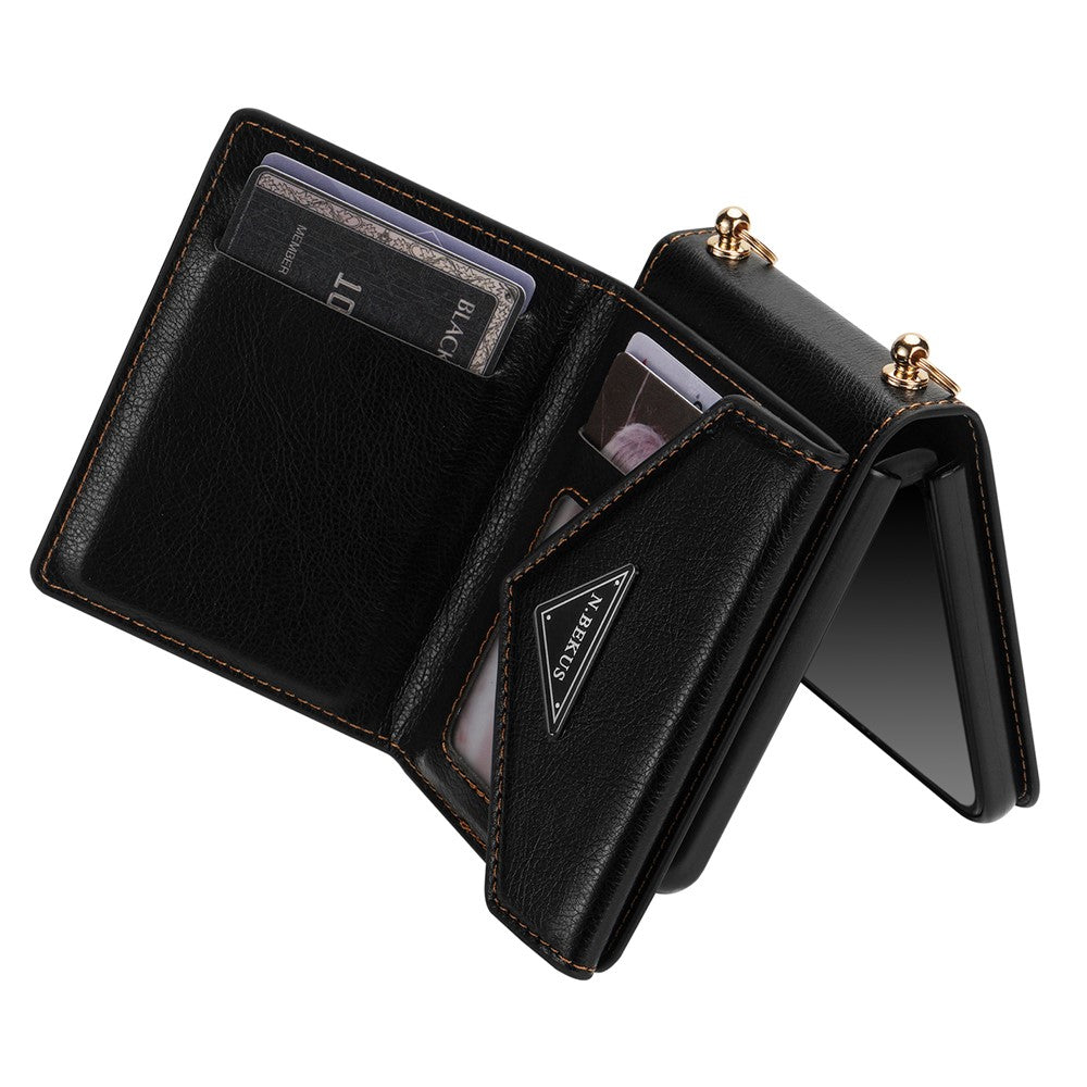 N.BEKUS PU Leather Coated PC Case for Samsung Galaxy Z Flip3 5G, Drop Proof Card Slots Holder Zipper Pocket Protective Back Cover with Shoulder Strap