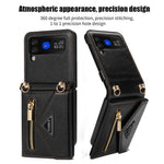 N.BEKUS PU Leather Coated PC Case for Samsung Galaxy Z Flip3 5G, Drop Proof Card Slots Holder Zipper Pocket Protective Back Cover with Shoulder Strap