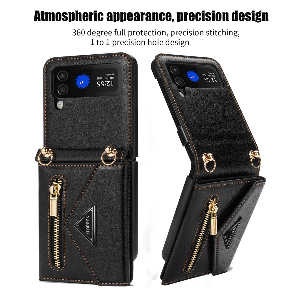 N.BEKUS PU Leather Coated PC Case for Samsung Galaxy Z Flip3 5G, Drop Proof Card Slots Holder Zipper Pocket Protective Back Cover with Shoulder Strap