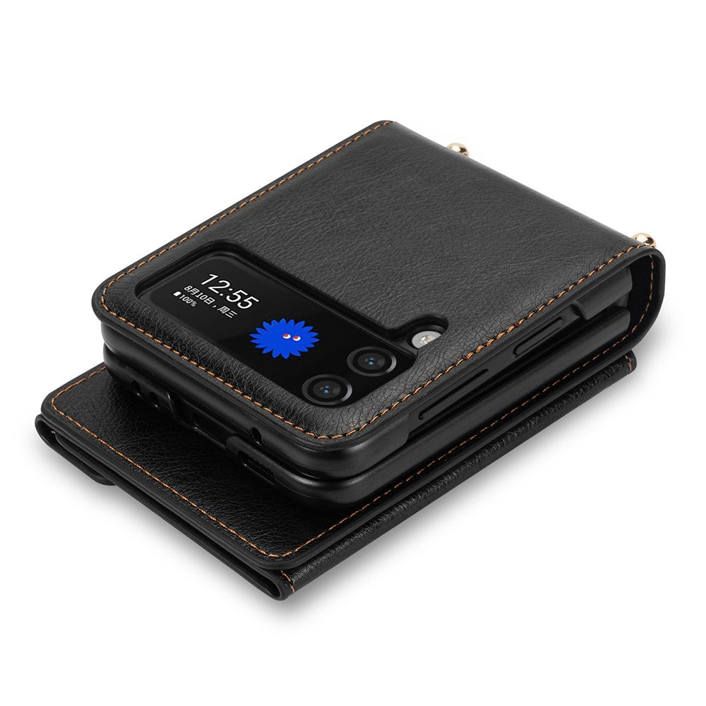 N.BEKUS PU Leather Coated PC Case for Samsung Galaxy Z Flip3 5G, Drop Proof Card Slots Holder Zipper Pocket Protective Back Cover with Shoulder Strap