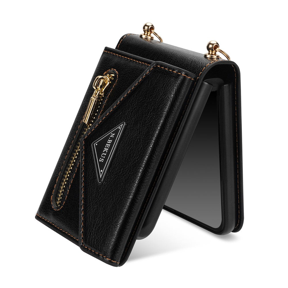 N.BEKUS PU Leather Coated PC Case for Samsung Galaxy Z Flip3 5G, Drop Proof Card Slots Holder Zipper Pocket Protective Back Cover with Shoulder Strap