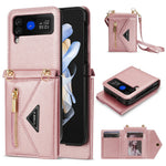 N.BEKUS PU Leather Coated PC Case for Samsung Galaxy Z Flip3 5G, Drop Proof Card Slots Holder Zipper Pocket Protective Back Cover with Shoulder Strap