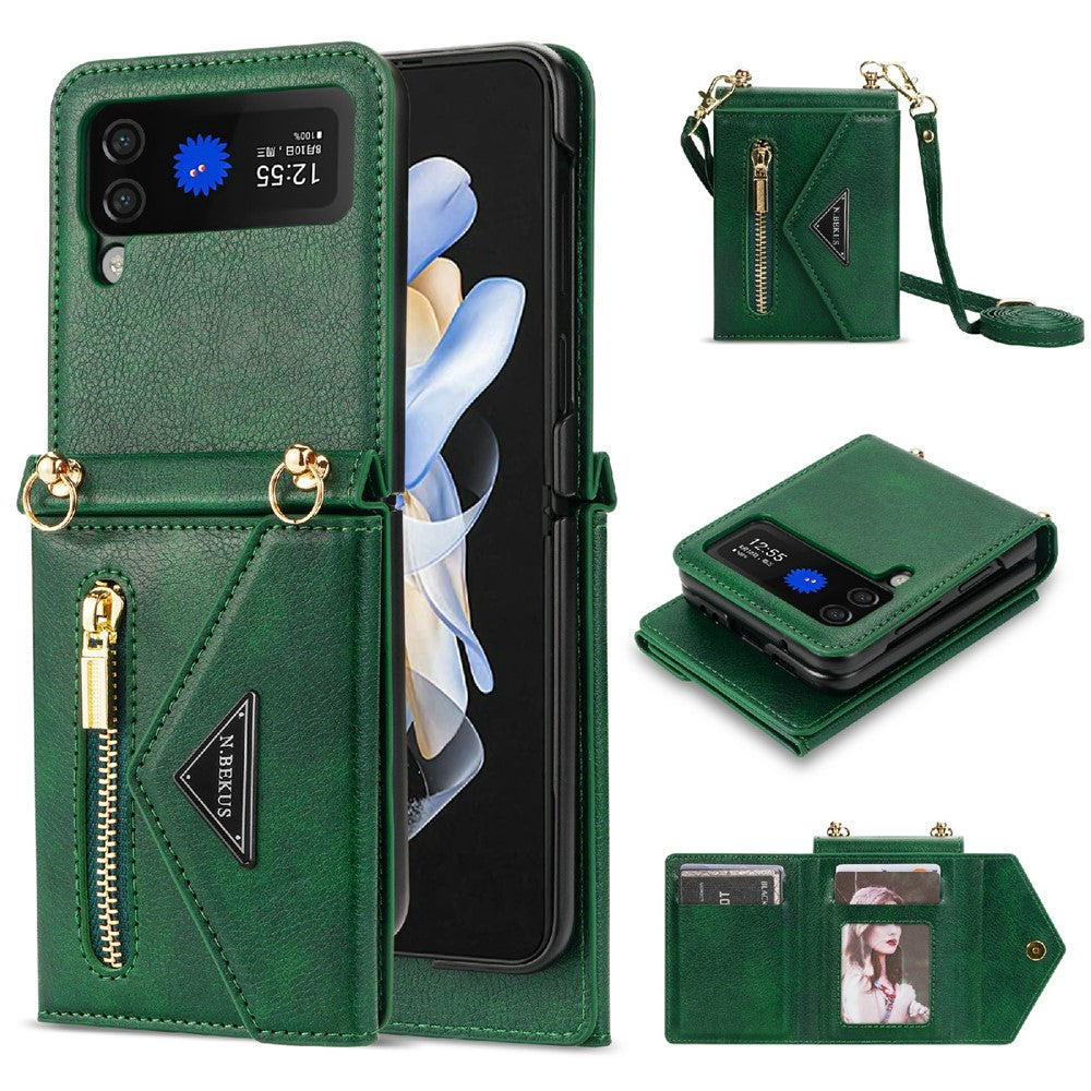 N.BEKUS PU Leather Coated PC Case for Samsung Galaxy Z Flip3 5G, Drop Proof Card Slots Holder Zipper Pocket Protective Back Cover with Shoulder Strap