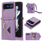 N.BEKUS PU Leather Coated PC Case for Samsung Galaxy Z Flip3 5G, Drop Proof Card Slots Holder Zipper Pocket Protective Back Cover with Shoulder Strap