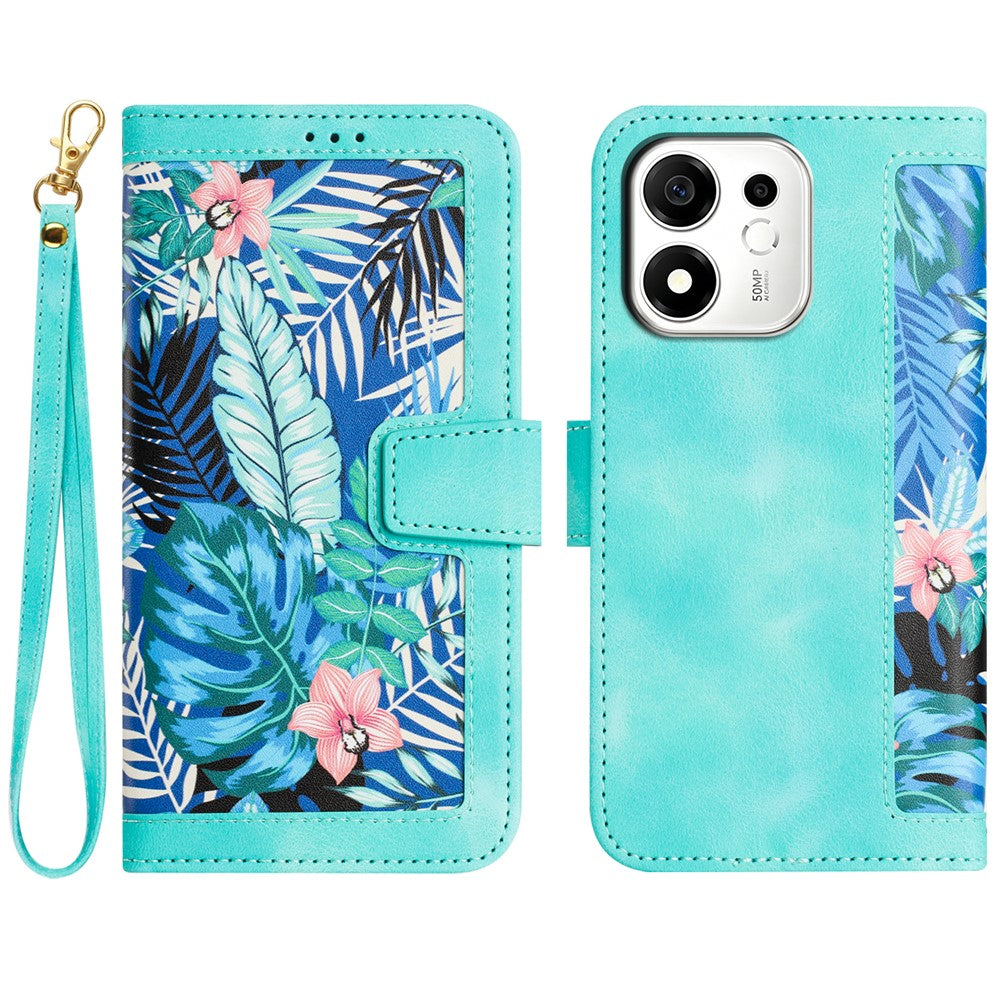 For Honor 600 Smart 5G / X7e Plus 5G Case PU Leather Floral Phone Cover with Card Slots and Wrist Strap