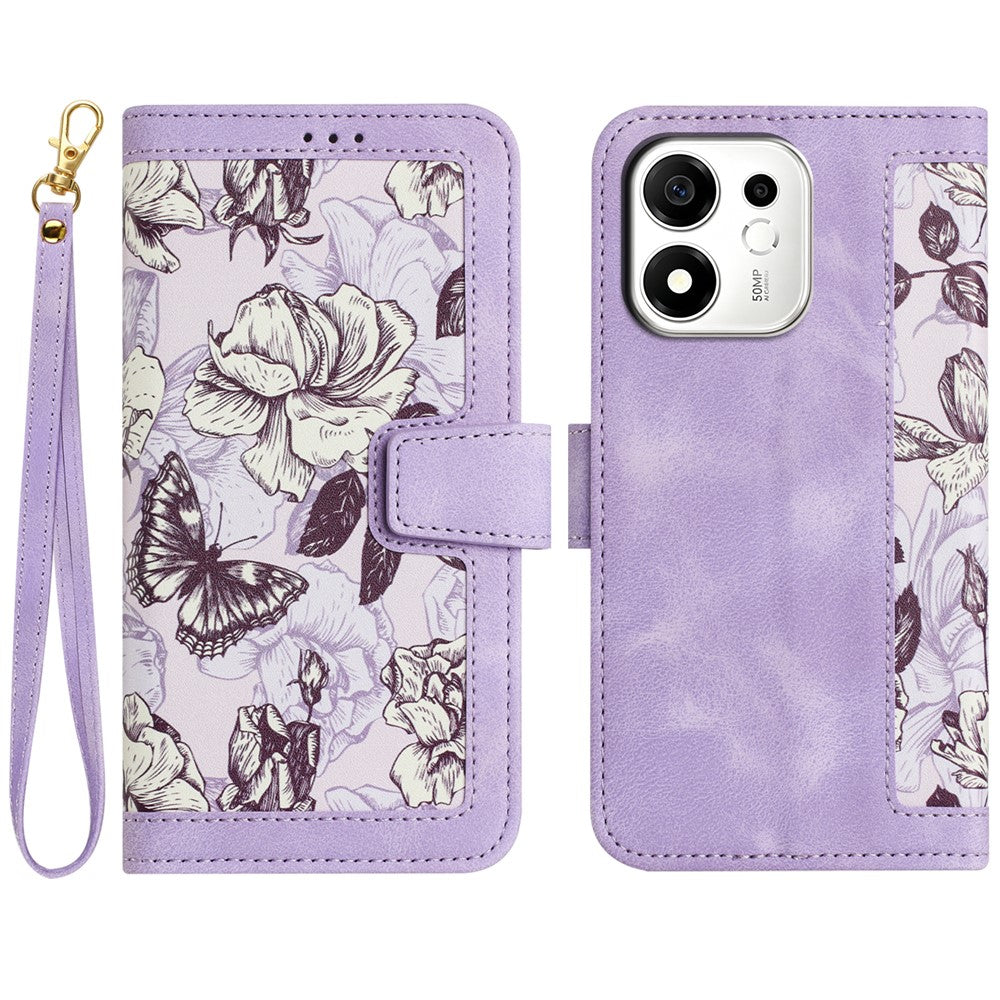 For Honor 600 Smart 5G / X7e Plus 5G Case PU Leather Floral Phone Cover with Card Slots and Wrist Strap