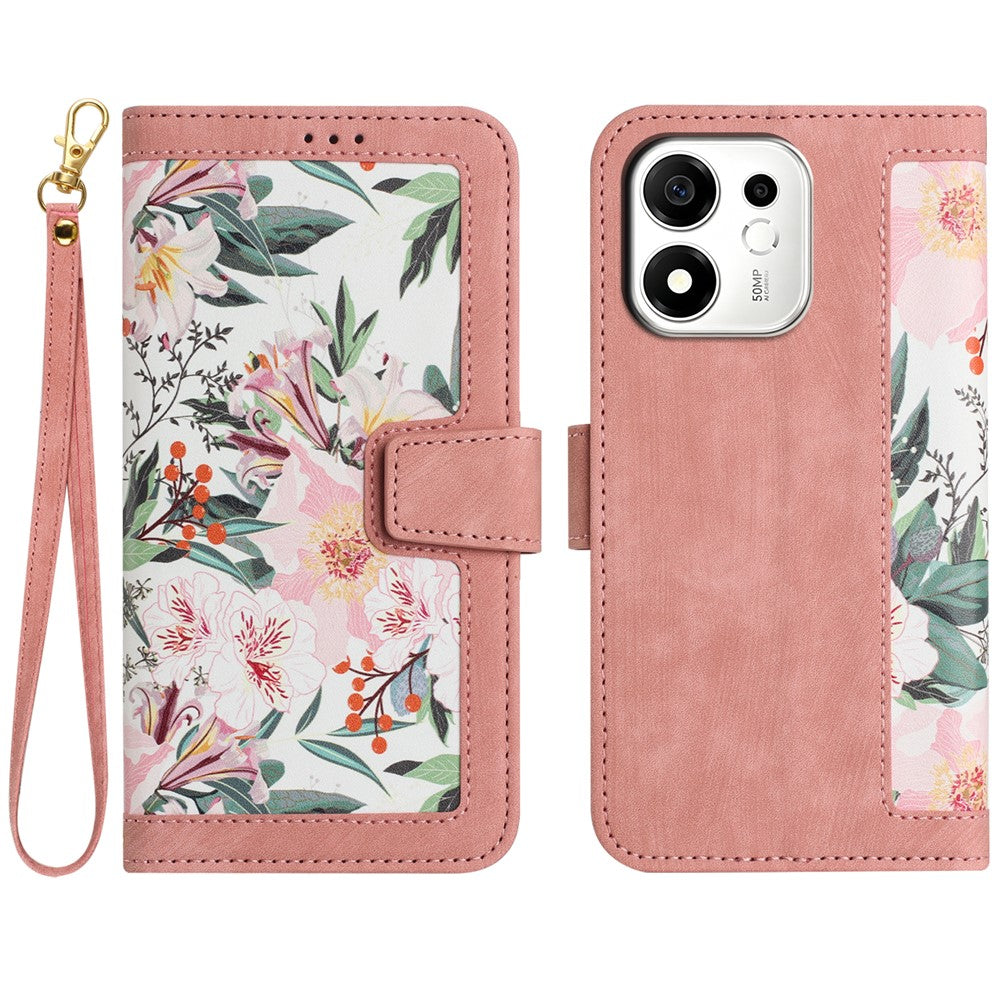 For Honor 600 Smart 5G / X7e Plus 5G Case PU Leather Floral Phone Cover with Card Slots and Wrist Strap