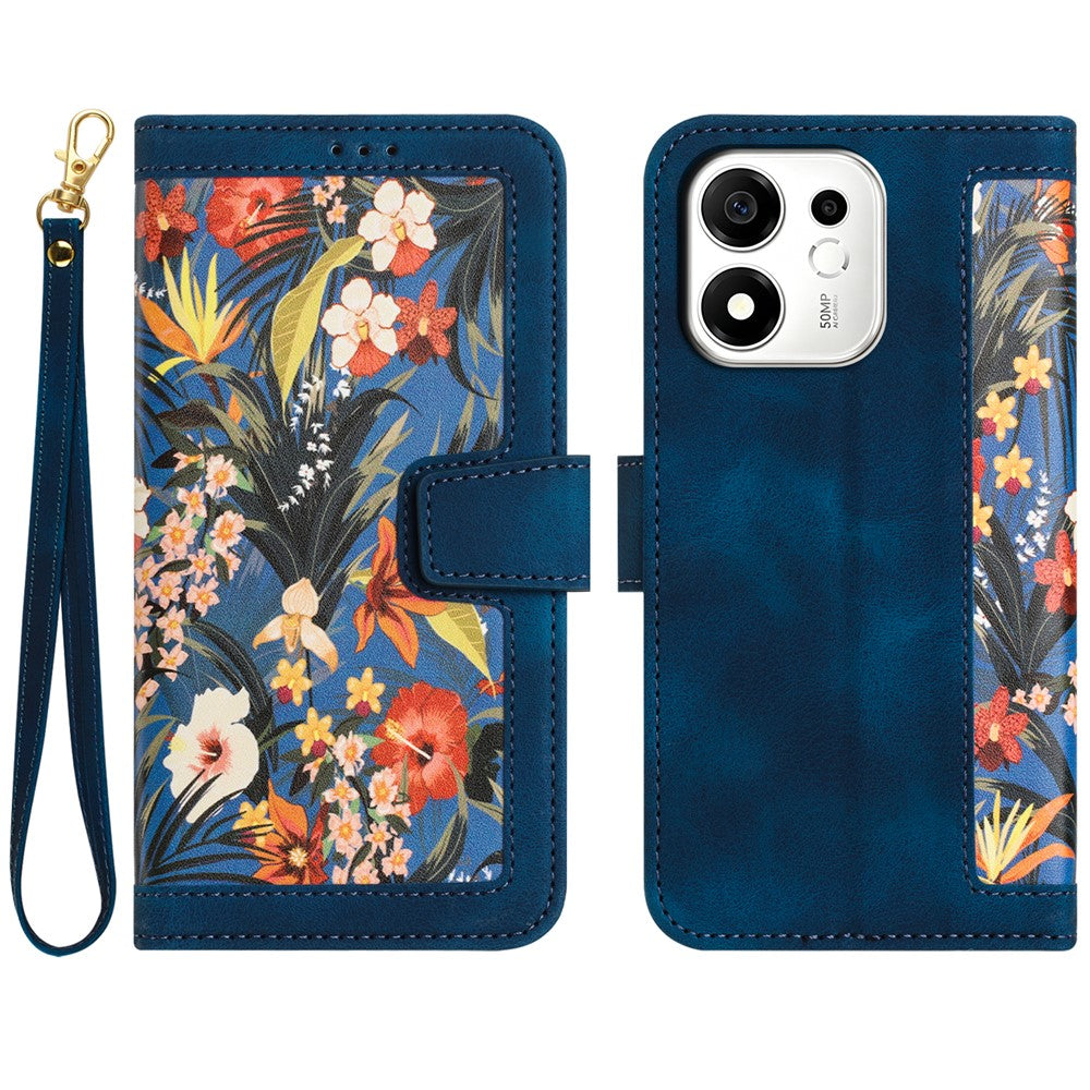 For Honor 600 Smart 5G / X7e Plus 5G Case PU Leather Floral Phone Cover with Card Slots and Wrist Strap