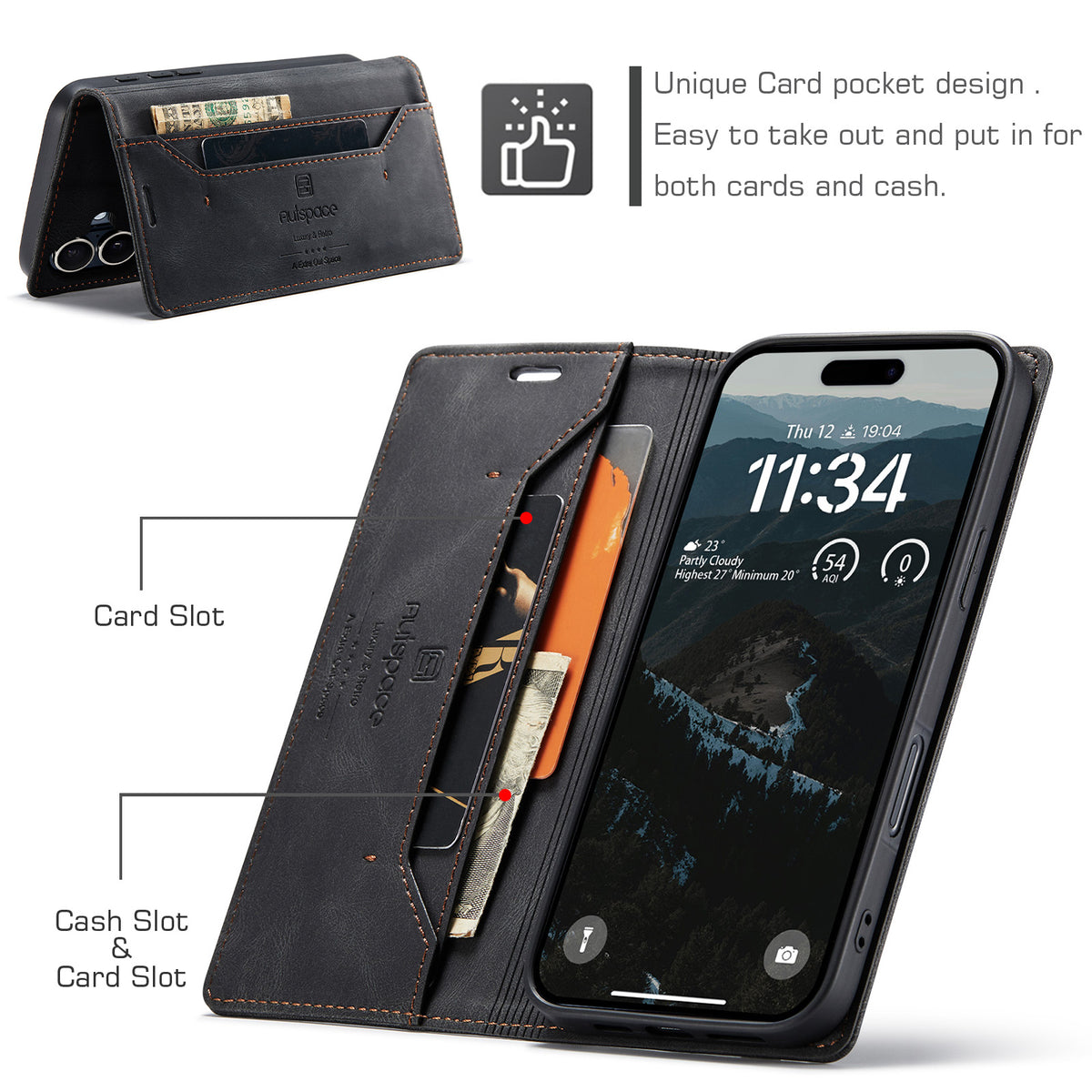 AUTSPACE for iPhone 17 Wallet Case A01 Leather Stand Cover with RFID Blocking Card Holder