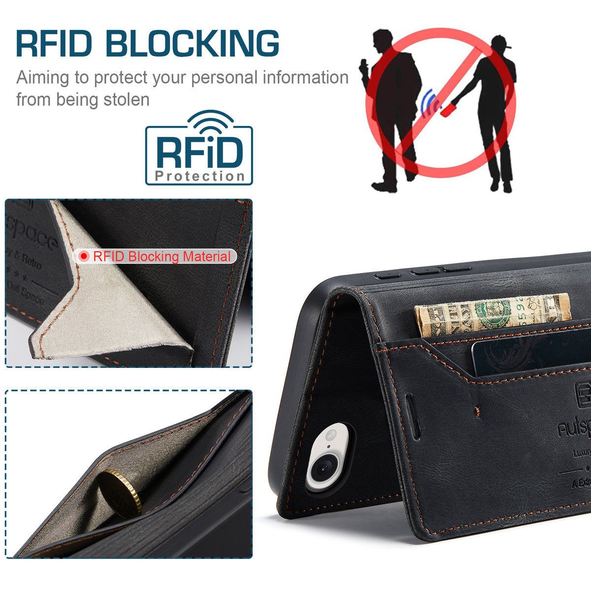 AUTSPACE for iPhone 16e / iPhone 17e Wallet Case A01 Leather Stand Cover with RFID Blocking Card Holder