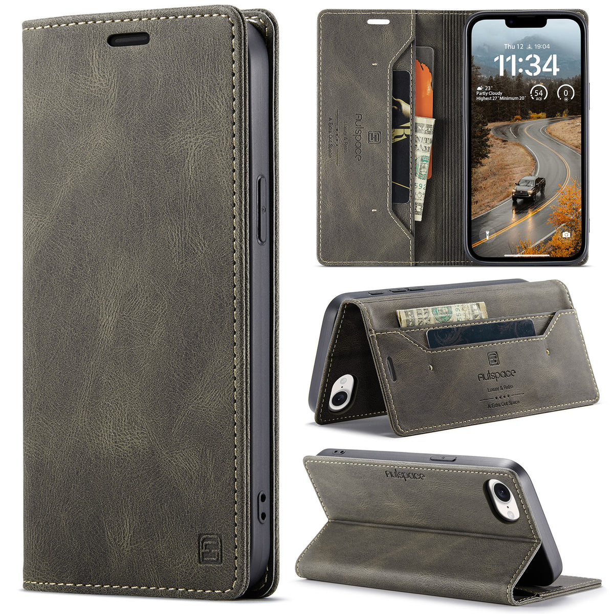 AUTSPACE for iPhone 16e / iPhone 17e Wallet Case A01 Leather Stand Cover with RFID Blocking Card Holder