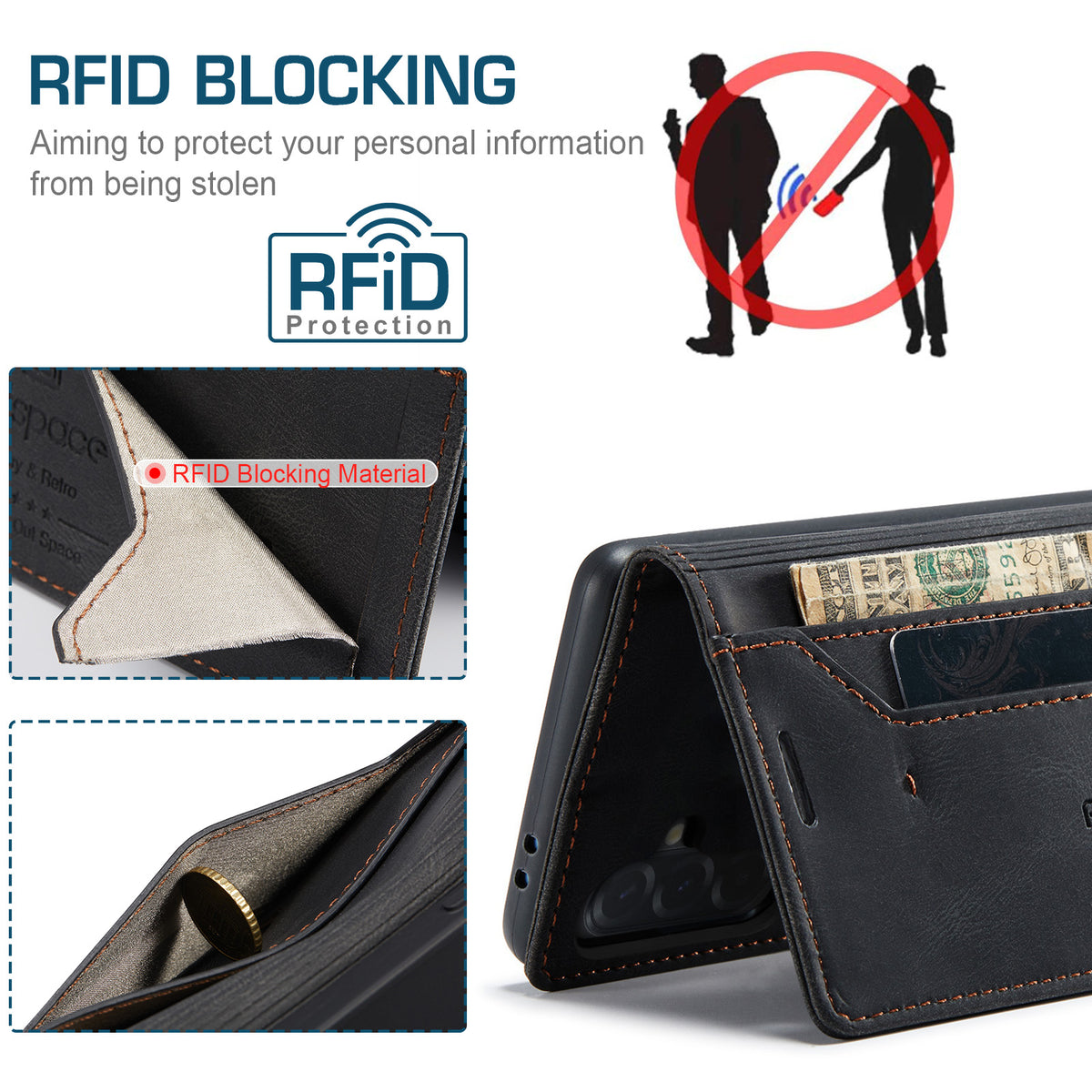 AUTSPACE til Samsung Galaxy A37 5G Pung Etui A01 Læder Stand Cover med RFID Blokerende Kortlomme