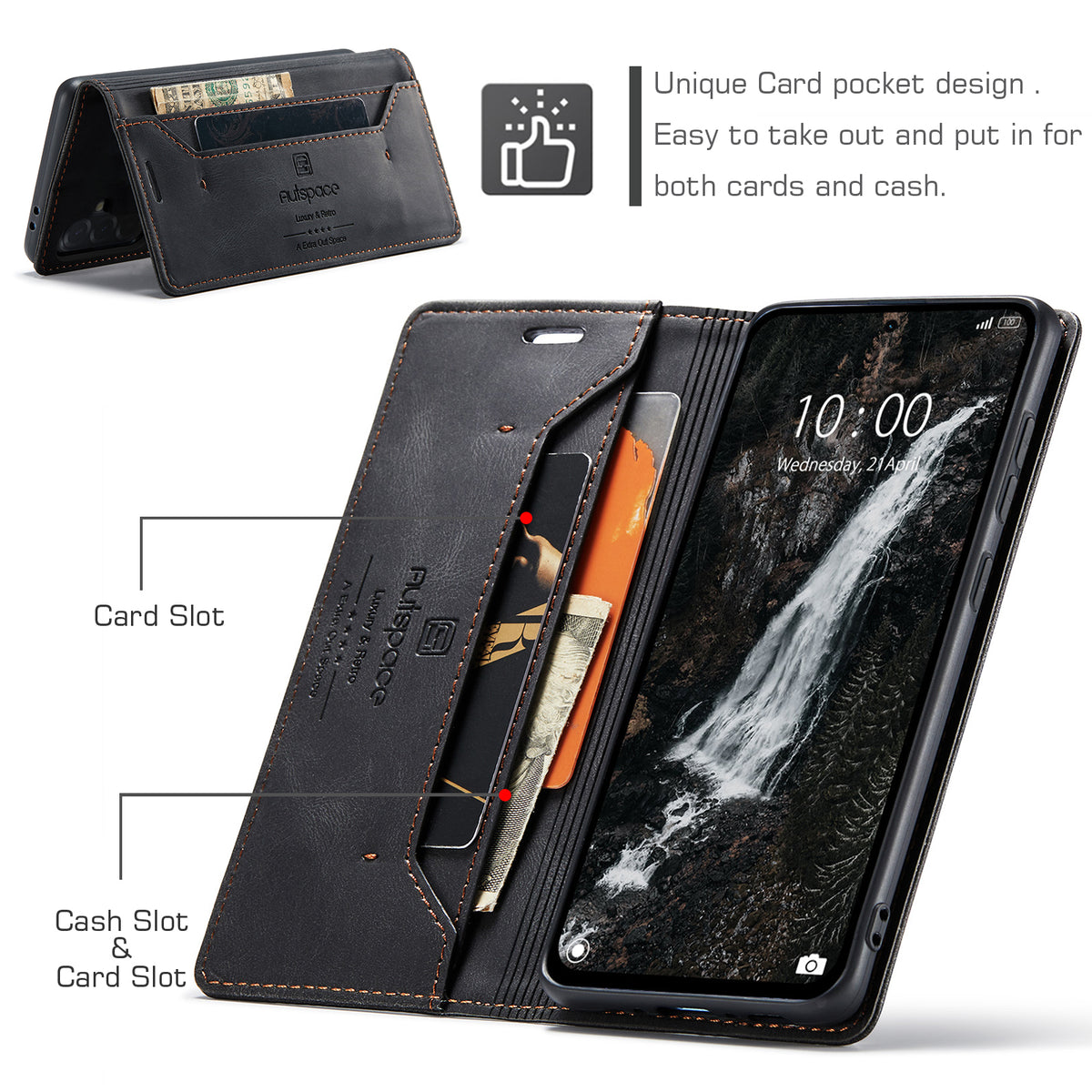 AUTSPACE til Samsung Galaxy A37 5G Pung Etui A01 Læder Stand Cover med RFID Blokerende Kortlomme