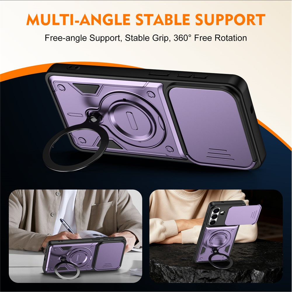 For Samsung Galaxy A27 5G Case with Slide Lens Cover Rotatable Kickstand Shockproof TPU + PC Phone Shell