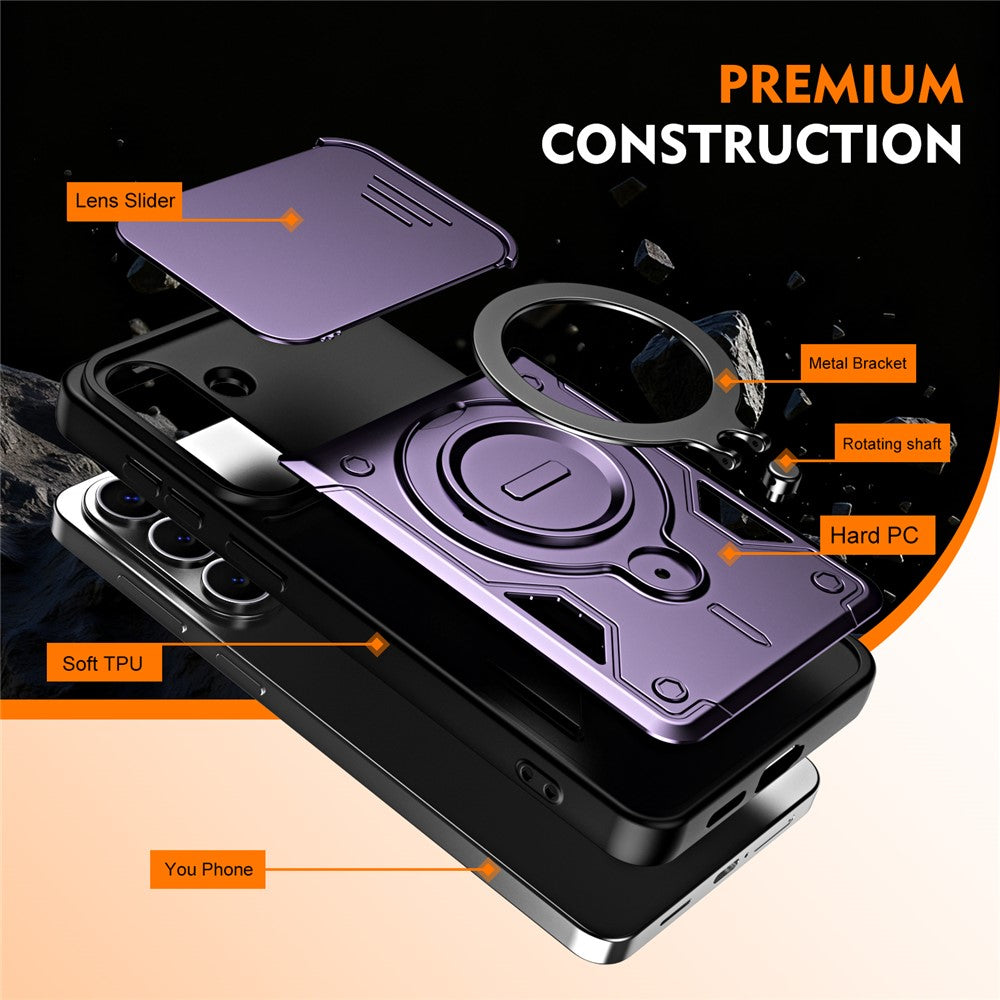 For Samsung Galaxy A27 5G Case with Slide Lens Cover Rotatable Kickstand Shockproof TPU + PC Phone Shell