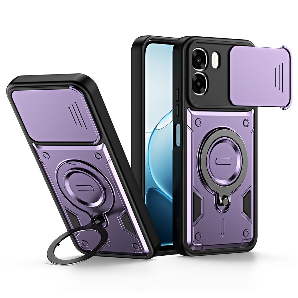 For Oppo A6 4G / A6x 5G (India) Case with Slide Lens Cover Rotatable Kickstand Shockproof TPU + PC Phone Shell