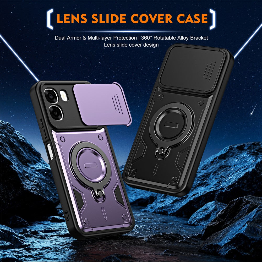 For Oppo A6 4G / A6x 5G (India) Case with Slide Lens Cover Rotatable Kickstand Shockproof TPU + PC Phone Shell