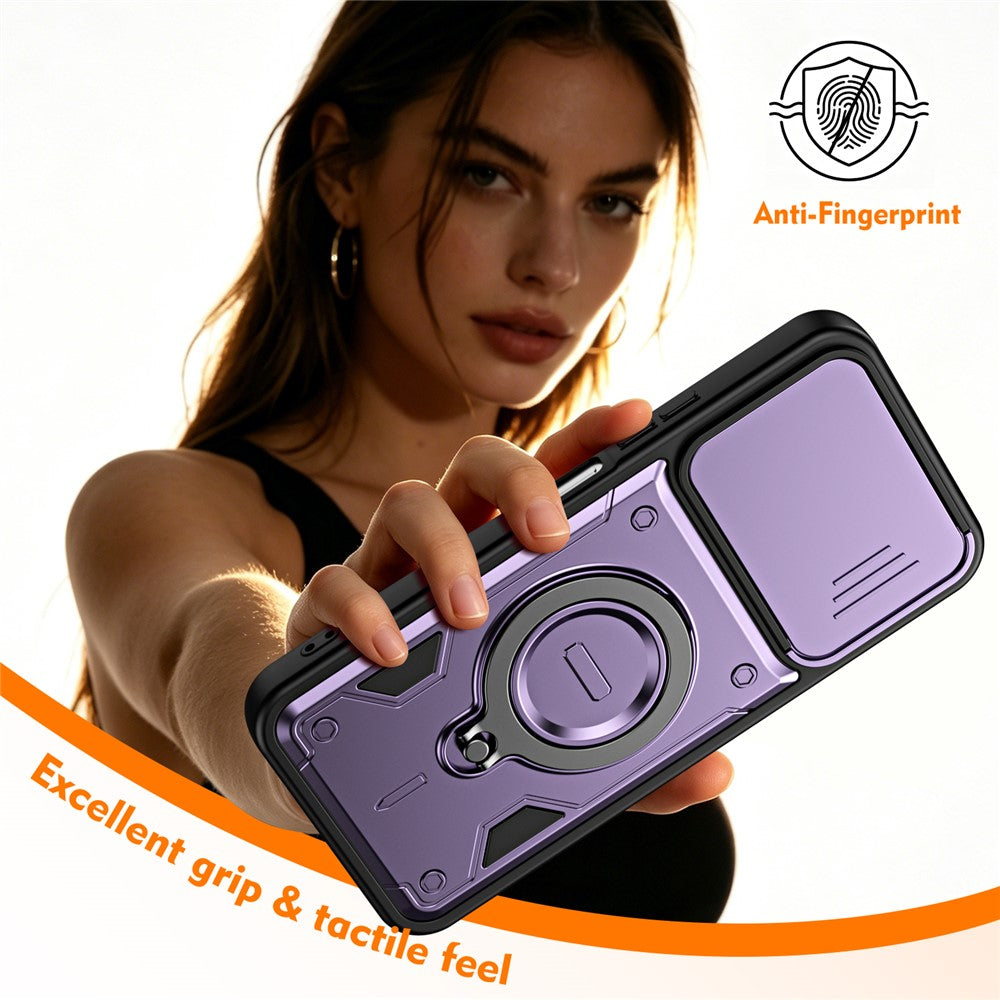 For Oppo A6 4G / A6x 5G (India) Case with Slide Lens Cover Rotatable Kickstand Shockproof TPU + PC Phone Shell