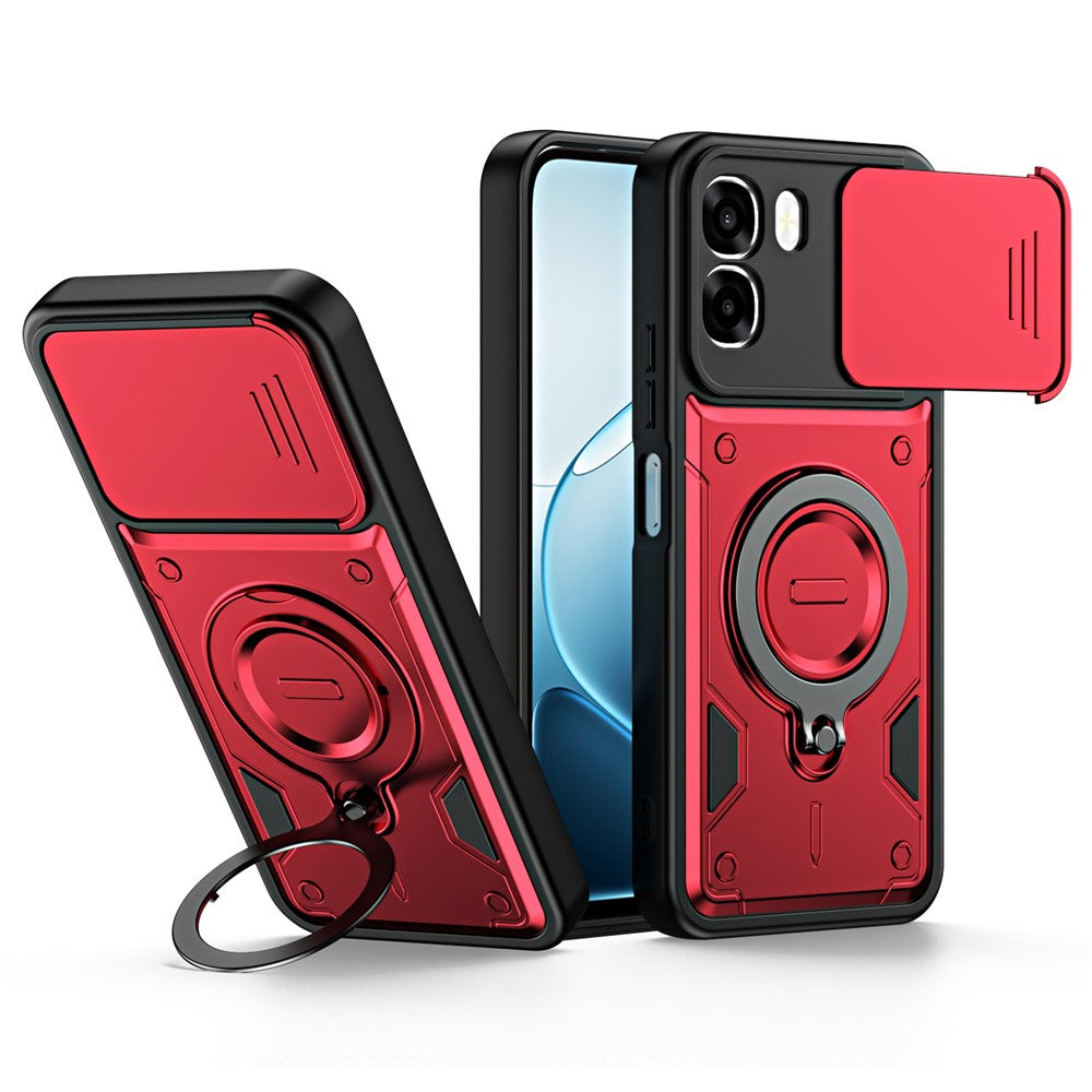 For Oppo A6 4G / A6x 5G (India) Case with Slide Lens Cover Rotatable Kickstand Shockproof TPU + PC Phone Shell