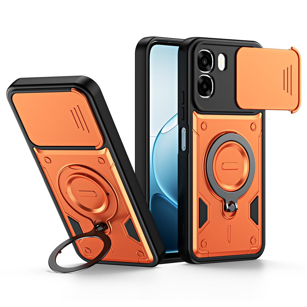 For Oppo A6 4G / A6x 5G (India) Case with Slide Lens Cover Rotatable Kickstand Shockproof TPU + PC Phone Shell