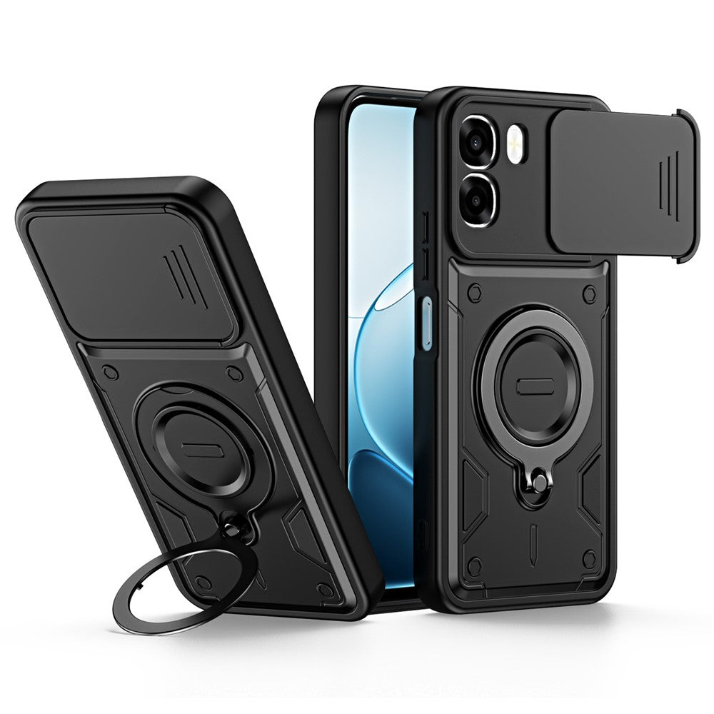 For Oppo A6 4G / A6x 5G (India) Case with Slide Lens Cover Rotatable Kickstand Shockproof TPU + PC Phone Shell