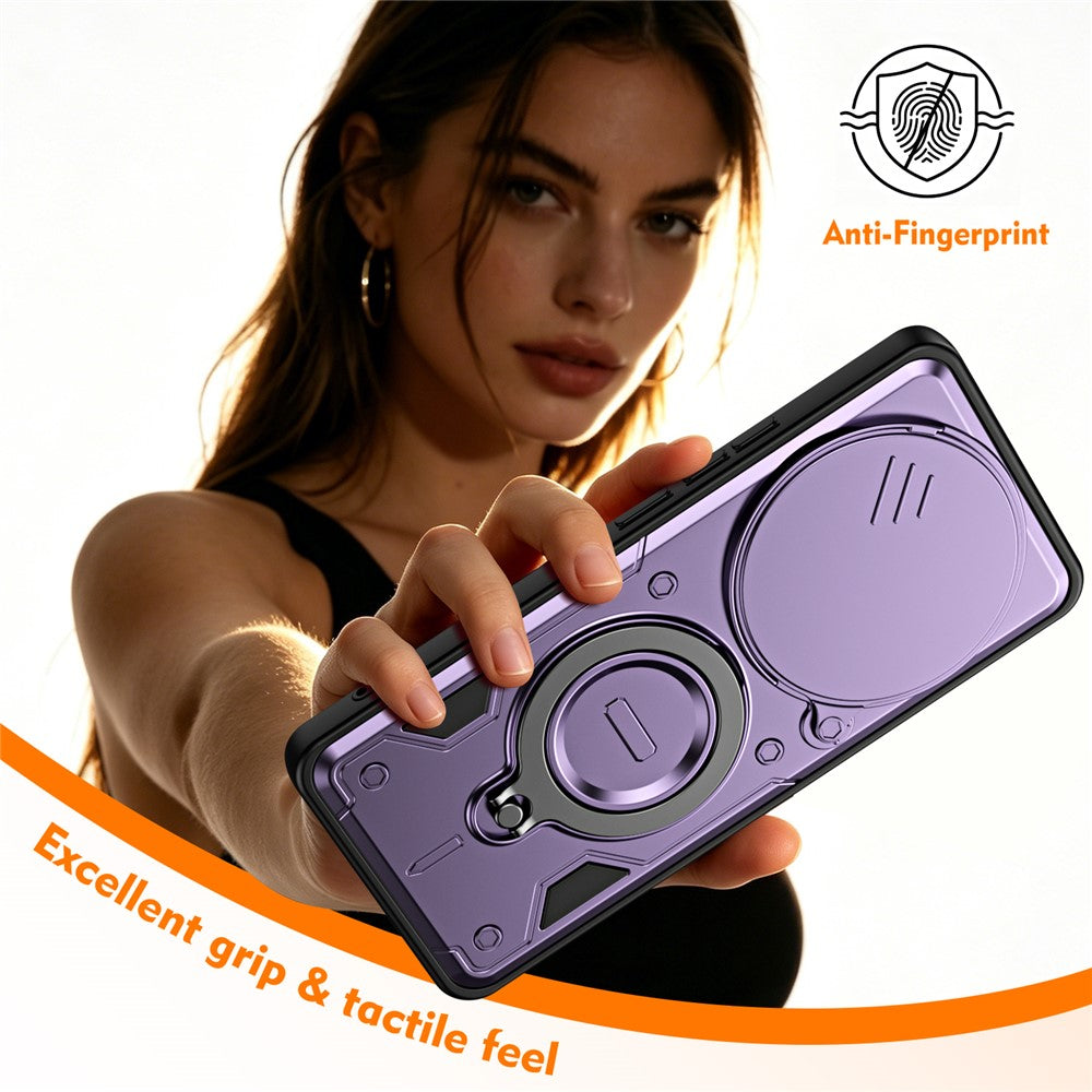 Phone Case with Slide Lens Cover For Xiaomi Redmi Note 15 4G (Global) / Note 15 5G (Global) / Poco M8 5G , Rotatable Kickstand Shockproof TPU + PC Phone Shell