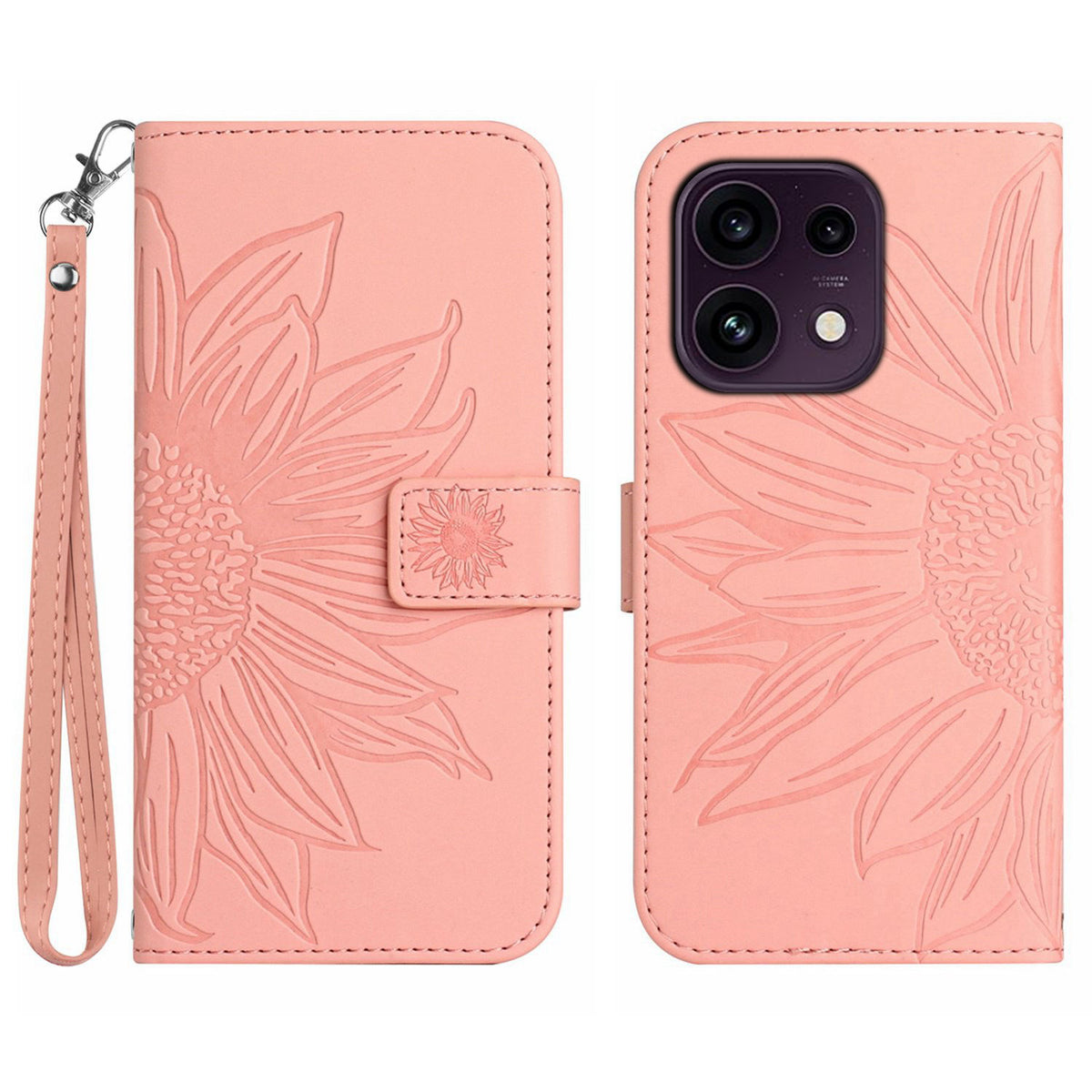 For Oppo Reno16 FS 5G / Oppo Reno16 F 5G Case Sunflower Imprint Leather Wallet Phone Cover with Wrist Strap