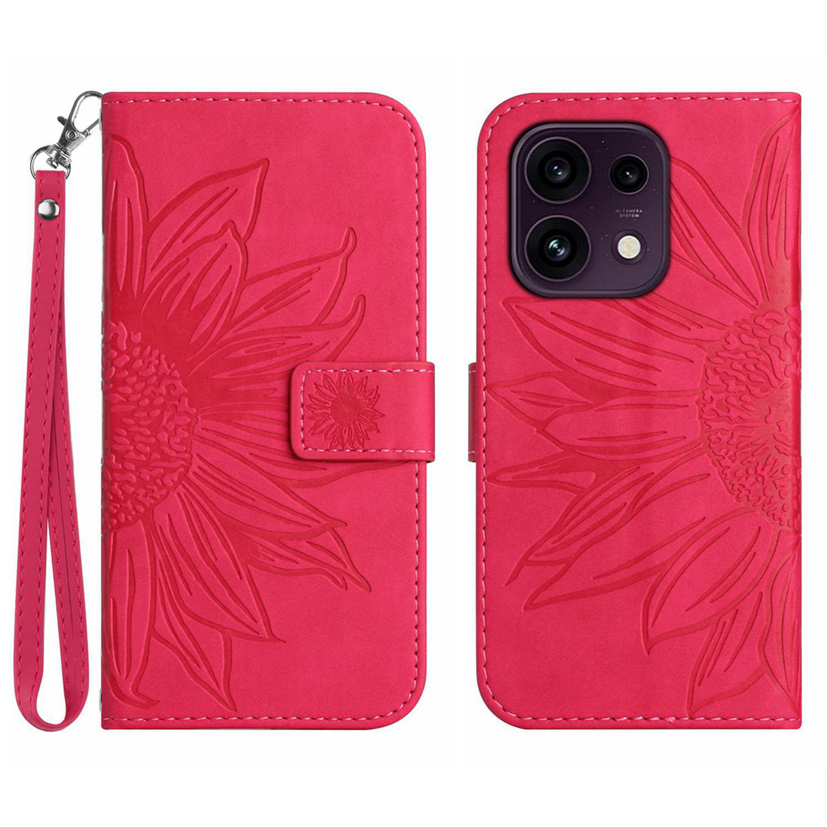 For Oppo Reno16 FS 5G / Oppo Reno16 F 5G Case Sunflower Imprint Leather Wallet Phone Cover with Wrist Strap