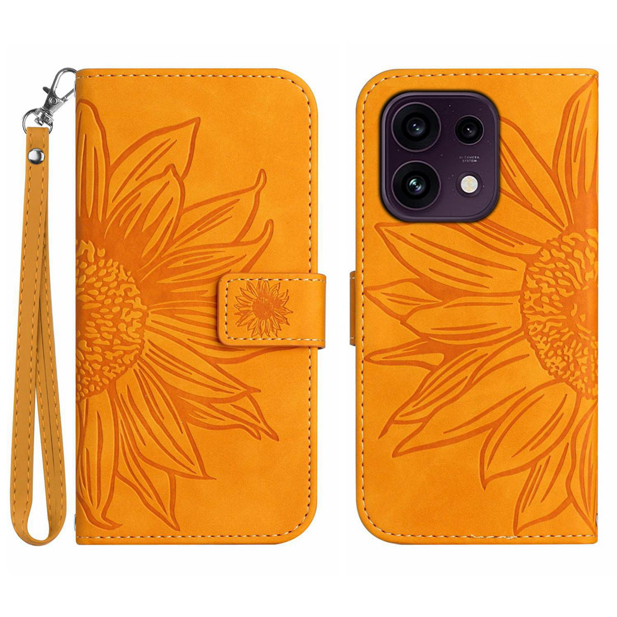 For Oppo Reno16 FS 5G / Oppo Reno16 F 5G Case Sunflower Imprint Leather Wallet Phone Cover with Wrist Strap