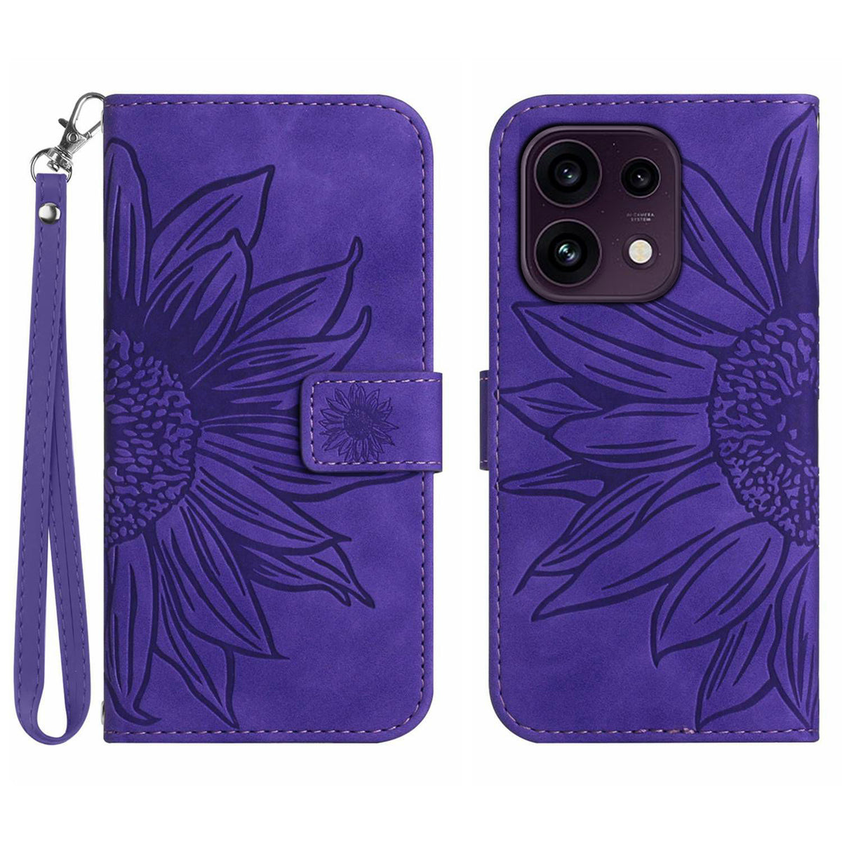 For Oppo Reno16 FS 5G / Oppo Reno16 F 5G Case Sunflower Imprint Leather Wallet Phone Cover with Wrist Strap