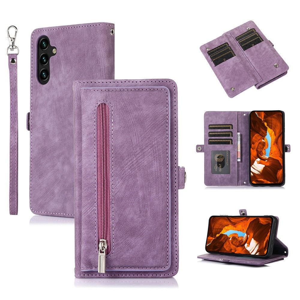 For Samsung Galaxy S26 FE Case Zipper Pocket 9 Card Slots PU Leather Phone Cover with Wrist Strap