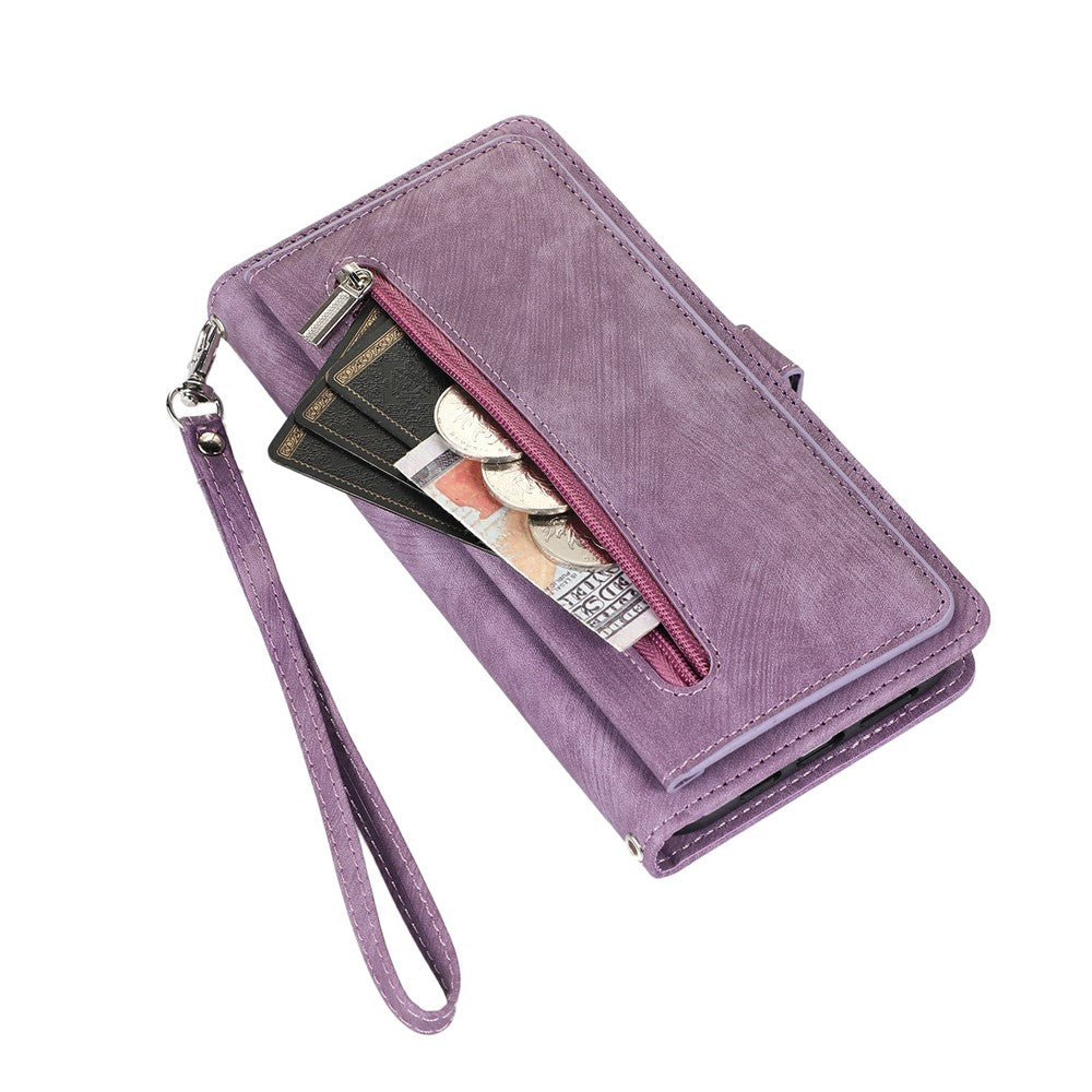 For Samsung Galaxy S26 FE Case Zipper Pocket 9 Card Slots PU Leather Phone Cover with Wrist Strap