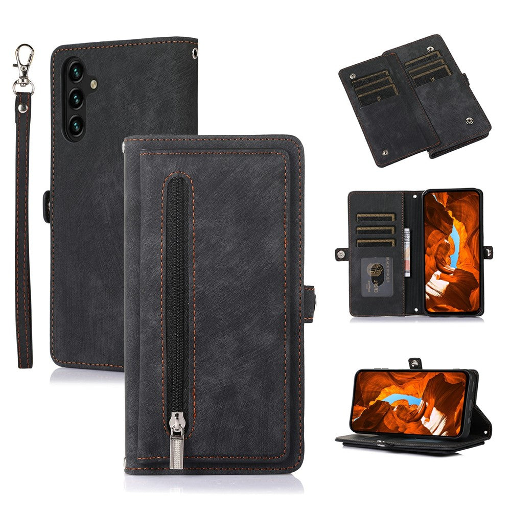 For Samsung Galaxy S26 FE Case Zipper Pocket 9 Card Slots PU Leather Phone Cover with Wrist Strap