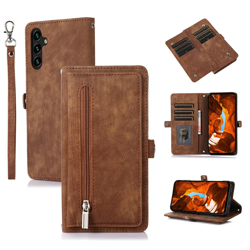 For Samsung Galaxy S26 FE Case Zipper Pocket 9 Card Slots PU Leather Phone Cover with Wrist Strap