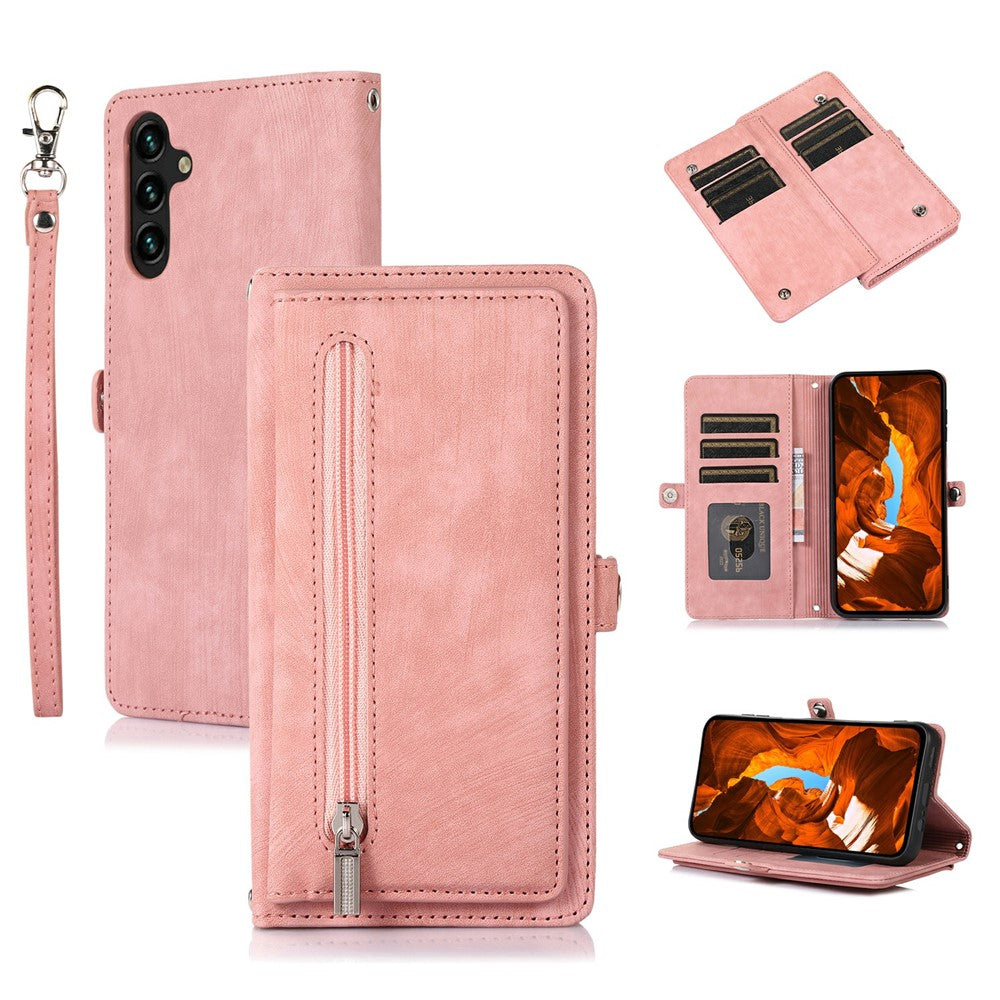 For Samsung Galaxy S26 FE Case Zipper Pocket 9 Card Slots PU Leather Phone Cover with Wrist Strap