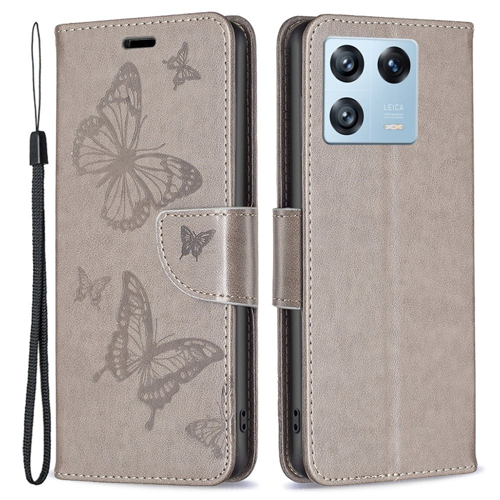 Xiaomi 13 Pro 5G Plånboksfodral Läderfodral med Tryckta Fjärilar och Rem