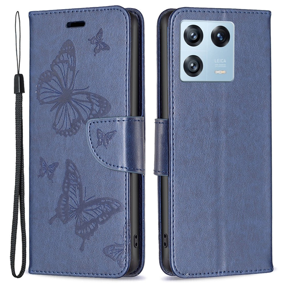 For Xiaomi 13 Pro 5G Wallet Case Imprinted Butterflies Leather Phone Cover with Strap