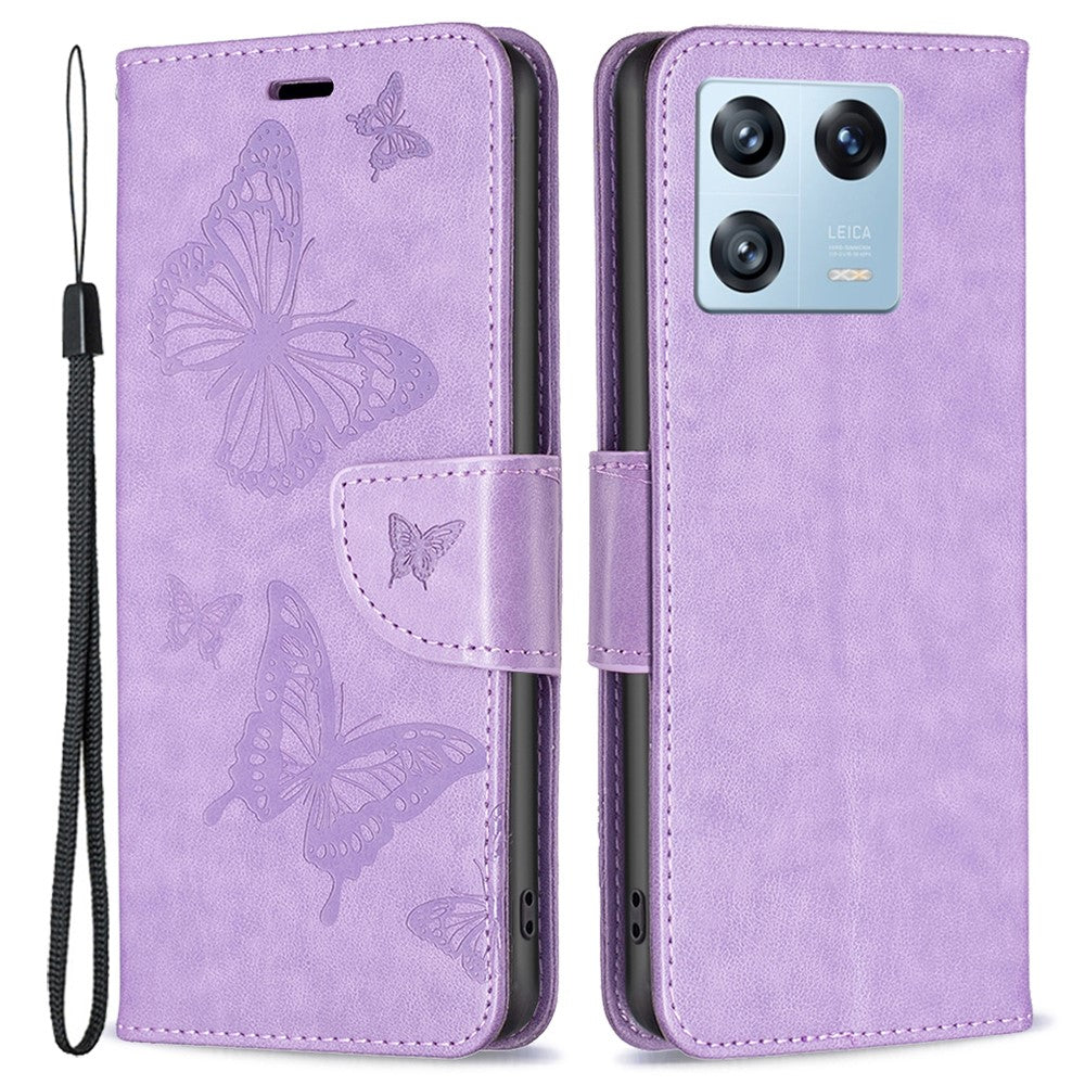 For Xiaomi 13 Pro 5G Wallet Case Imprinted Butterflies Leather Phone Cover with Strap